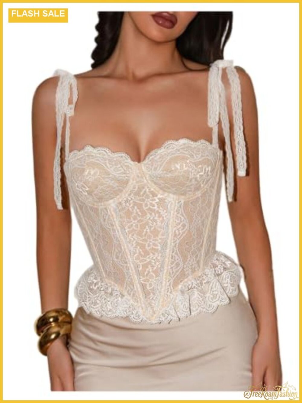 Floral Lace Corset Top Tie Strap Lace Up Back Bustier Camisole
